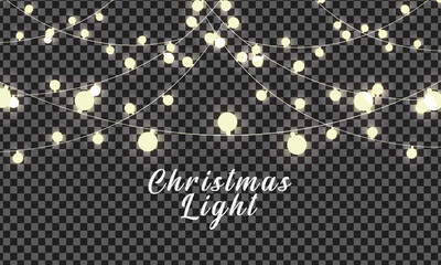 Christmas garland isolated on transparent background. Glowing colourful light bulbs with sparkles