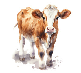 Watercolor vector art of a charming cow. Adorable watercolor painting of a close-up view of a cow's head. The cow has a gentle expression and large brown eyes.