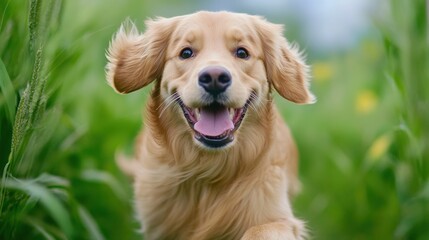 Obraz premium A dog is running through a field of tall grass, AI
