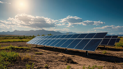 A solar farm on barren landscape symbolizes potential of renewable energy. panels reflect sunlight, showcasing sustainable future in vast, open area
