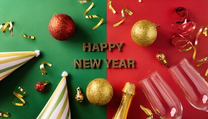Happy New Year banner with party hats, champagne flutes, and confetti on red and green background.
