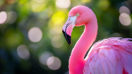 Fototapeta premium Close-up of a vibrant pink flamingo with a soft bokeh background. Banner