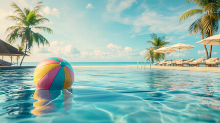 Colorful beach ball floating in a luxurious tropical swimming pool on a sunny day