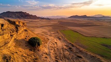 Stunning aerial view of a serene landscape featuring golden hills, sparse vegetation, and a vibrant sunset sky.