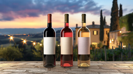 Fototapeta premium Three wine bottles on a rustic table with a vineyard at sunset. Copy space for logo or text