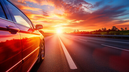 Obraz premium Lone car driving on deserted highway at sunset, road stretching into horizon with golden light reflecting off hood, sharp silhouette against vibrant sky, emphasizing solitude and freedom.