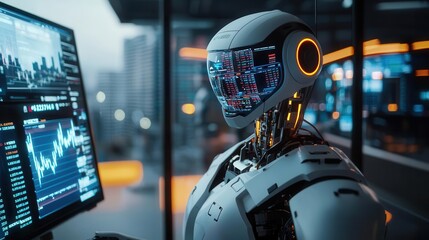 Robot monitoring stock trades through a holographic interface in a darkened trading room, data surveillance, robotic oversight in stock markets