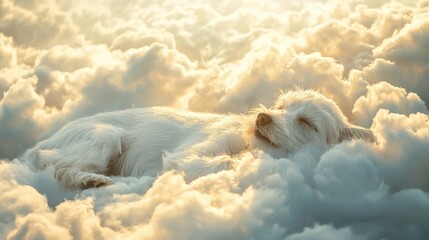 A dog in heaven in the clouds in paradise after death happy resting eternal life of the soul White Angel generated ai