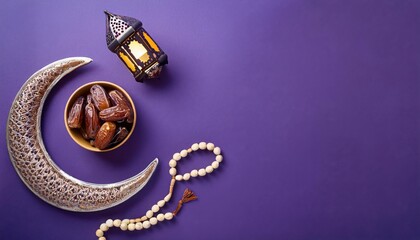 Naklejka premium A crescent moon, dates, a lantern, and prayer beads on a purple background. Ramadan celebration.