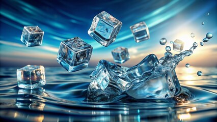 Sparkling ice cubes plummet into the calm surface of the crystal-clear water, creating gentle ripples and a mesmerizing display of refraction and buoyancy.