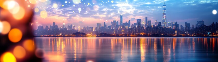 Fototapeta premium A breathtaking city skyline at sunset, reflecting vibrant colors on the water, creating a serene and picturesque urban scene.
