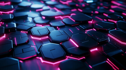 Fototapeta premium Futuristic, abstract pattern of digital hexagons illuminated with vibrant pink neon light, creating a visually captivating and modern technological atmosphere.