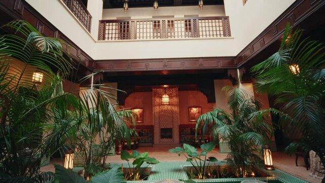 Panoramic overview inside a traditional Riad in Marrakesh, Morocco. View of the beautiful interior decorations and the traditional moroccan architecture.