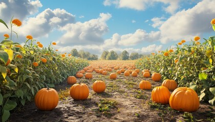 Minimalist Pumpkin Patch Landscape with Bright Blue Sky and Scattered Pumpkins