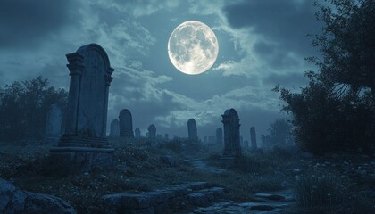 Mystical Ancient Graveyard Under a Full Moon with Mist and Tombstones
