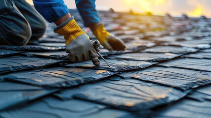 Worker wearing gloves installing roof shingles at sunset. Closeup of hands, tools, and roofing materials under a beautiful sky.