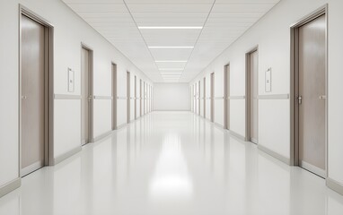 Fototapeta premium Modern hospital hallway with symmetrical doors and bright ceiling lights, showcasing advanced healthcare infrastructure