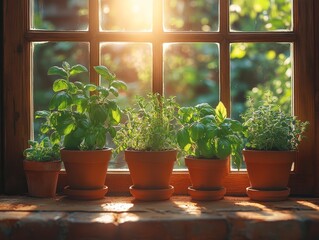 Fresh Herbs in Pots on Windowsill with Sunlight