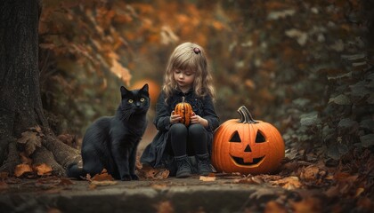 Boy and Girl Posing Next to a Halloween Pumpkin with a Black Cat
