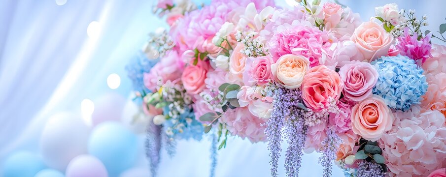 Photo booth backdrop combined with a floral arch, creating a stunning visual for events