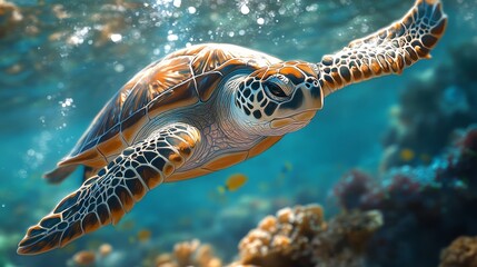 Fototapeta premium Sea Turtle Swimming Underwater with Coral Reef