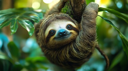 Fototapeta premium Adorable Sloth Hanging in Rainforest Tree