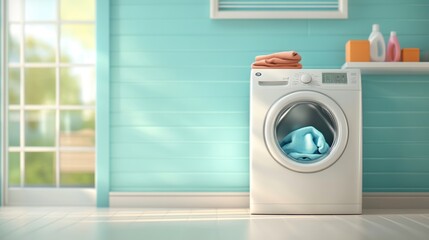 Bright and airy laundry room with washing machine, clean towels, and colorful decor for a fresh, inviting atmosphere.
