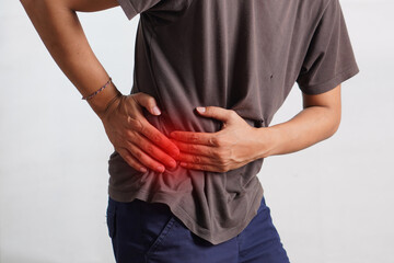 Fitness, stomach ache and man outdoor after running, workout or exercise. Sports, abdominal pain...