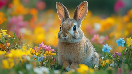 Cute Bunny Rabbit in a Field of Wildflowers