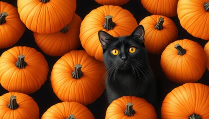 Group of Black Cats Sitting Among Pumpkins on a Dark Background