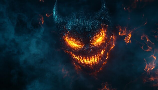 Eerie Glowing Digital Devil Face Emerging from Smoky Flames
