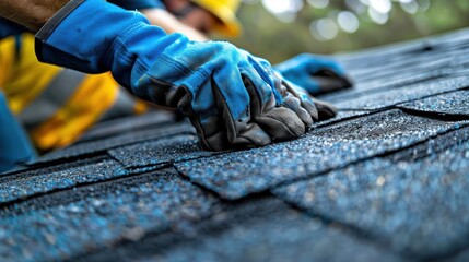 Close-up of a roofer wearing blue gloves installing shingles on a roof. Professional roofing and home improvement concept.