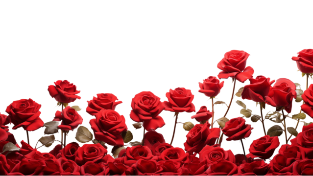 Red roses field closeup border for cards, invitation etc. Isolated on a transparent background