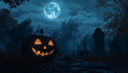 Fototapeta premium Cemetery with Full Moon and Glowing Jack-O'-Lanterns Surrounded by Dark Trees