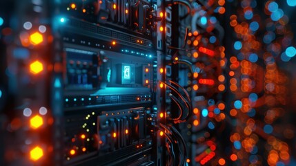 Close-up of colorful LED lights and wiring in a high-tech server room, showcasing the details of network hardware and connectivity.