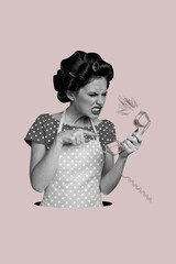 Vertical photo collage of angry girl point telephone handset complaint support client service...