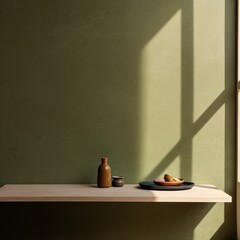 A table with a green tablecloth and a coffee cup in front of a green wall