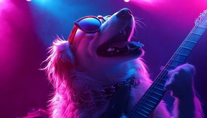 Devoted Rock Star Dog with Sunglasses Playing Electric Guitar in a Neon Light Scene