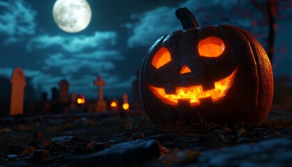 Obraz premium Jack-O'-Lantern at Night in a Spooky Cemetery with Full Moon and Glowing Eyes
