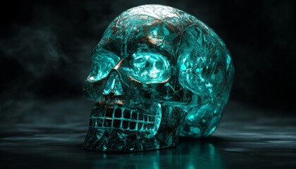 Crystal Skull from Maya Civilization Displayed on a Stone Altar in a Mysterious Setting
