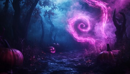 Fototapeta premium Eerie Neon Light Swirls in a Mysterious Forest Creating a Surreal Scene