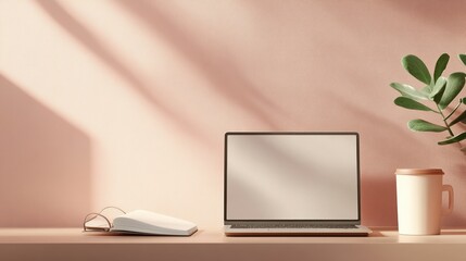 A minimalist workspace featuring a laptop, notebook, and plant against a subtle pink background, perfect for modern aesthetics.