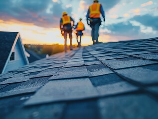 Construction workers on a roof at sunset, wearing safety gear and working on a residential roofing project.