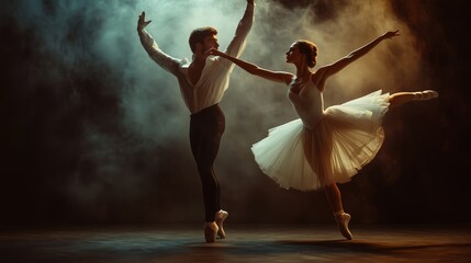 Elegant ballet dancers perform in a dramatic atmosphere with soft lighting, showcasing artistry and...