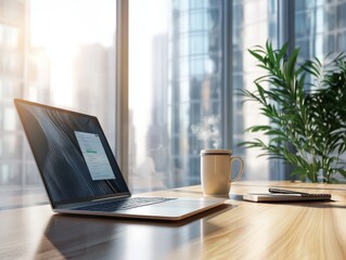 Laptop computer with opened lid on table in meeting room of modern home office workspace.