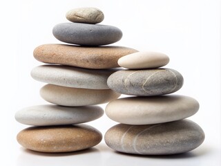 Fototapeta premium A serene arrangement of weathered stones in varied shapes and sizes stacked neatly on a clean white background, evoking feelings of calmness and simplicity.