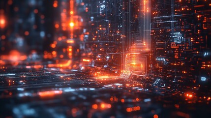 Fototapeta premium A computer chip with a glowing red center. The chip is surrounded by a black background. Concept of technology and innovation