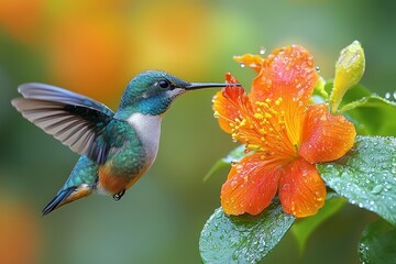 Fototapeta premium Hummingbird Feeding on Orange Flower with Dew Drops