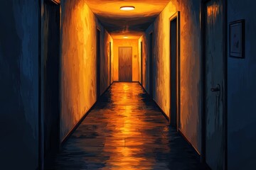 Fototapeta premium Mysterious and eerie orange lit hallway leading into the unknown