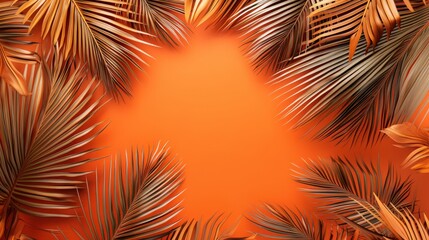 Collection of Orange Palm Leaves Tropical Background, Space for Text